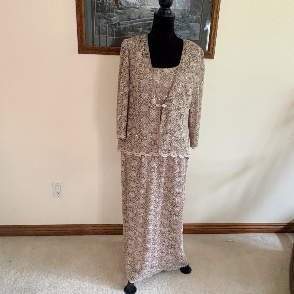 R&M Richards Lace Sequin Dress Jacket Set Womens 12 Champagne Evening Formal
